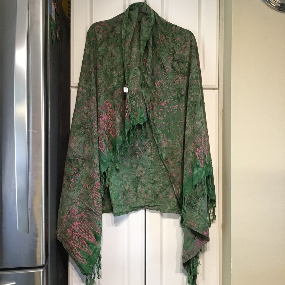 Blue Hand Batik Green & Pink Shawl/Wrap w/Fringe